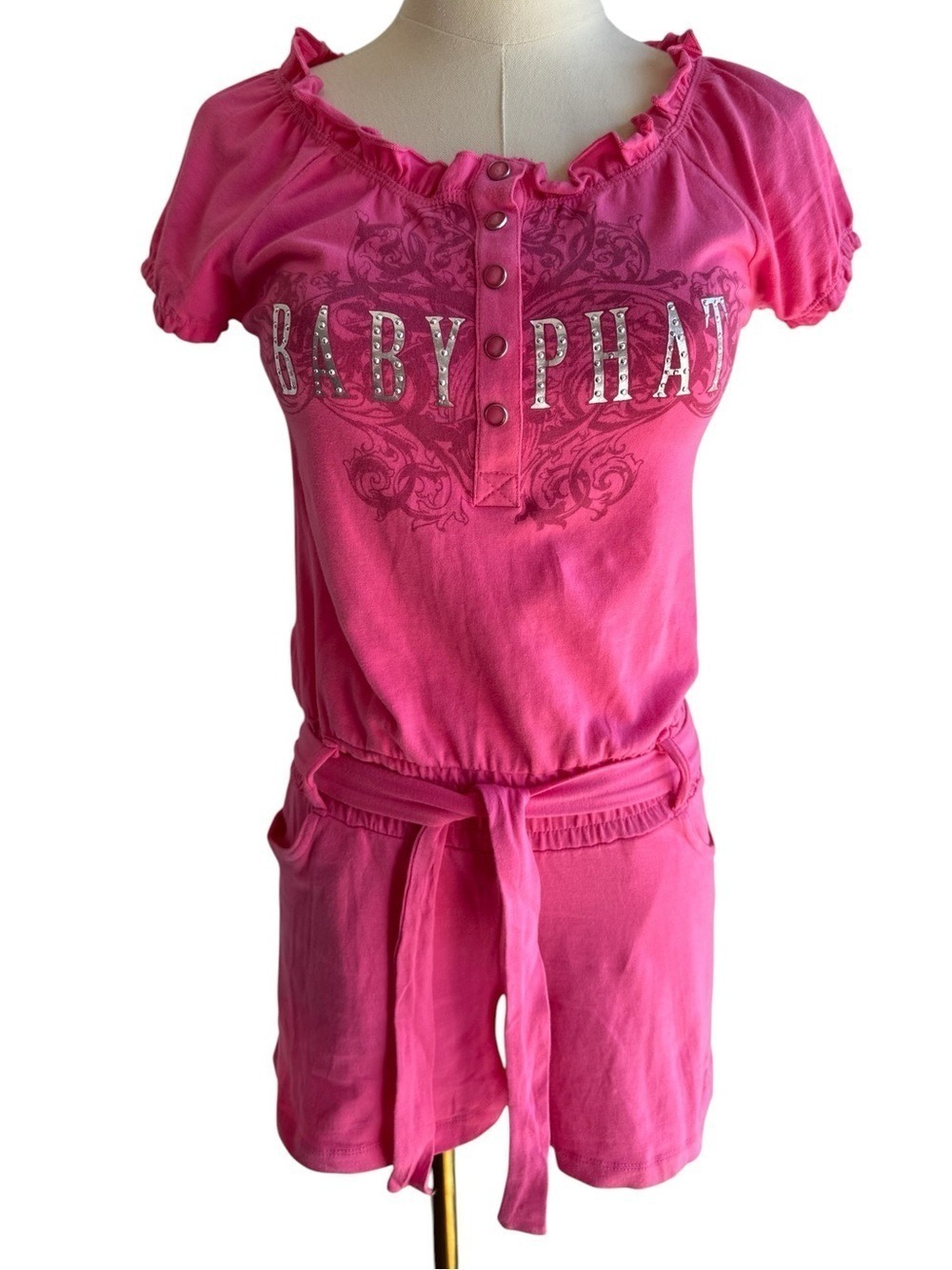 Baby Phat Girlz Y2K Romper Sz S/M Barbie Pink Rhinestone Logo Shorts Bling Girly